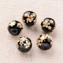 Flower Picture Printed Glass Round Beads, Black, 10mm, Hole: 1mm(GLAA-J089-10mm-A04)