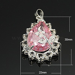 Glass Pendants, with Brass Finding, Teardrop, Platinum, Pink, about 30mm long, 20mm wide, 11mm thick, hole: 3.5x3mm(GLAA-H014-06)