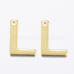 304 Stainless Steel Charms, Letter.L, Real 18K Gold Plated, 11x8x0.8mm, Hole: 1mm(X-STAS-P141-L)