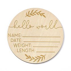 Wooden Hello World Baby Photo Props, Birth Announcement Plaques, Wooden Growth Milestone Signs, Flat Round, 9.9x0.3cm(WOOD-D023-01)