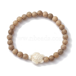 Beach Tortoise Synthetic Turquoise Bracelets, 6mm Wood Round Beaded Stretch Bracelets for Women, Floral White, Inner Diameter: 2-1/8 inch(5.38cm), Bead: 6mm(BJEW-JB10311-01)