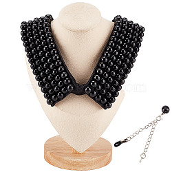 Detachable Polyester Bib, Plastic Imitation Pearl Beaded False Stand Collar, with Extension Chain, for Costume Decoration, Black, 390~420x83x10.5mm(FIND-WH0032-14B)