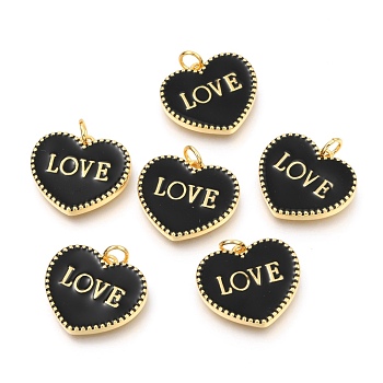 Brass Enamel Pendants, Long-Lasting Plated, Real 18K Gold Plated, with Jump Rings, for Valentine's Day, Heart with Word LOVE, Black, 17.5x20x2.5mm, Hole: 3mm