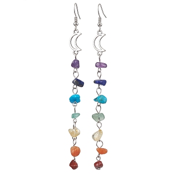 Chakra Theme Natural & Synthetic Gemstone Chip Dangle Earrings, Hollow Alloy Earrings for Women, Moon, 110x8.5mm