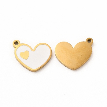 Ion Plating(IP) 304 Stainless Steel Enamel Charms, Heart, White, 13x10x1mm, Hole: 1.2mm