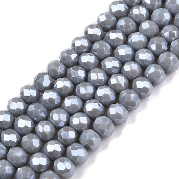 Electroplate Glass Beads Strands, Pearl Luster Plated, Faceted, Rondelle, Dark Gray, 4x3mm, Hole: 0.4mm, about 113~115pcs/strand, 41~41.5cm