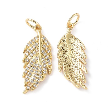 Brass Micro Pave Cubic Zirconia Pendants, with Jump Ring, Real 18K Gold Plated, Leaf, Clear, 22x8.5x2mm, Hole: 3.6mm