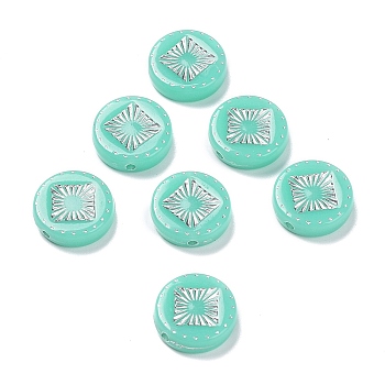 Opaque Acrylic Beads, Metal Enlaced, Flat Round with Rhombus Pattern, Aquamarine, 15~15.5x4.5~5mm, Hole: 1.8mm, about 606pcs/500g