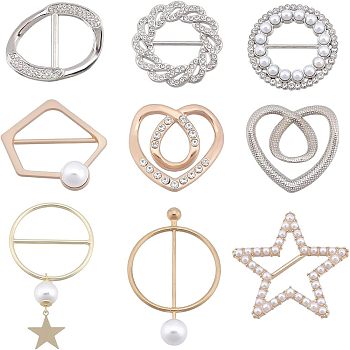 SUPERFINDINGS 9Pcs 9 Style Alloy Rhinestone Slide Bowknot Buckles & Scarf Clips Brooches, with Natural Pearl, Oval & Ring & Heart & Star, Mixed Color, 1pc/style