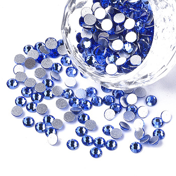 Glass Flat Back Rhinestone Cabochons, Back Plated, Faceted Half Round, Sapphire, SS20, 4.6~4.8x2mm, about 1440pcs/bag