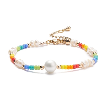 Shell Pearl & Glass Seed Beaded Bracelet with Brass Tiny Teardrop Charm for Women, Colorful, 7-3/8 inch(18.7cm)