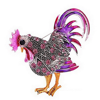 Rhinestone Rooster Brooch Pin, Chinese Zodiac Alloy Badge for Backpack Clothes, Dark Violet, 65x50mm
