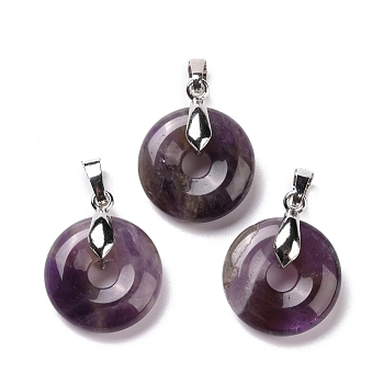 Natural Amethyst Pendants, with Platinum Tone Brass Findings, Cadmium Free & Lead Free, Donut/Pi Disc, 24~25x20x8.5mm, Hole: 8x5mm