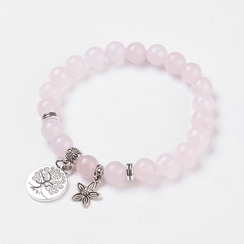 Natural Rose Quartz Stretch Bracelets, with Alloy Pendants & Bead Spacers, Tree of Life and Flower, Burlap Packing, 2 inch(5cm)