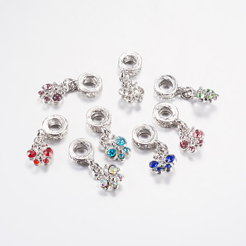 Alloy Rhinestone European Dangle Charms, Large Hole Pendants, Butterfly, Platinum, Mixed Color, 27mm, Pendant: 13x10.5x4mm, Hole: 5mm