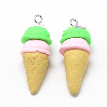 Handmade Polymer Clay Pendants, Ice Cream, Lime, 37~40x14~16mm, Hole: 2mm