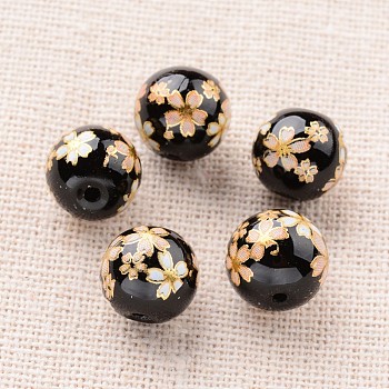 Flower Picture Printed Glass Round Beads, Black, 10mm, Hole: 1mm