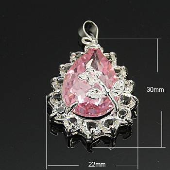 Glass Pendants, with Brass Finding, Teardrop, Platinum, Pink, about 30mm long, 20mm wide, 11mm thick, hole: 3.5x3mm