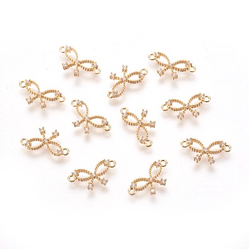 Brass Micro Pave Cubic Zirconia Links, Clear, Bowknot, Real 18K Gold Plated, 6x12x2mm, Hole: 1mm