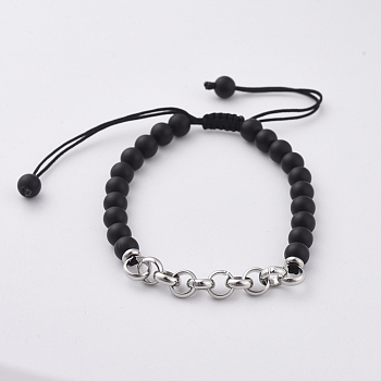 Natural Black Agate Braided Bead Bracelets, with 304 Stainless Steel Rolo Chains and Nylon Thread, 1-7/8 inch~3-3/8 inch(4.9~8.5cm)