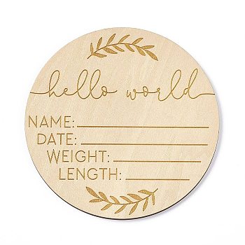 Wooden Hello World Baby Photo Props, Birth Announcement Plaques, Wooden Growth Milestone Signs, Flat Round, 9.9x0.3cm