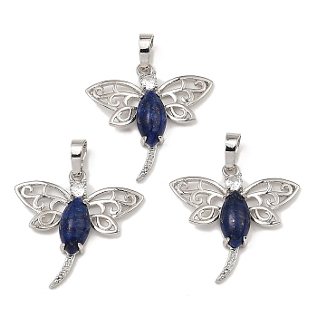 Rack Plating Brass Pendants, with Natural Lapis Lazuli, Dragonfly Charms, Platinum, 30x30.5x6mm, Hole: 8x5mm