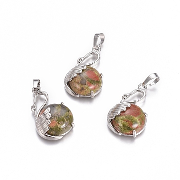 Natural Unakite Pendants, with Platinum Tone Brass Findings, Swan, 30.8x18.8x8.5mm, Hole: 7x5mm