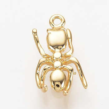 Brass Charms, Nickel Free, Real 18K Gold Plated, Spider, 13x6.5x2mm, Hole: 1mm