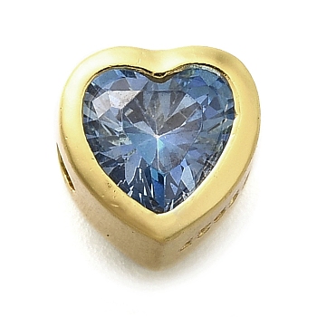 925 Sterling Silver Cubic Zirconia Beads, Heart, with 925 Stamp, Golden, Cornflower Blue, 6.5x6.5x4.5mm, Hole: 1.5mm