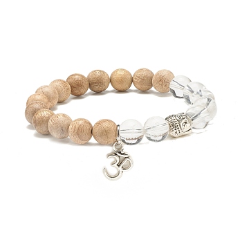 Aum/Om Symbol & Buddha Alloy Charm Bracelet for Teen Girl Women, Natural Quartz Crystal and Wood Beads Stretch Bracelet, Antique Silver, Inner Diameter: 2-1/8 inch(5.5cm)