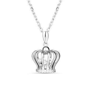 TINYSAND Rhodium Plated 925 Sterling Silver Crown Pendant Necklace, with Cubic Zirconia, Platinum, 17.2 inch