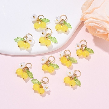 10Pcs Glass Pendants, Cherry, with 304 Stainless Steel Jump Rings & Resin Imitation Pearl, Yellow, 18mm