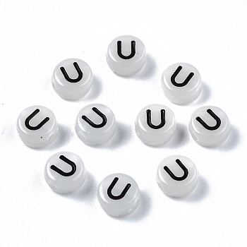 Acrylic Beads, with Enamel and Luminous, Horizontal Hole, Flat Round with Black Letter, Glow in the Dark, Light Grey, Letter.U, 7x3.5mm, Hole: 1.5mm, about 3600~3700pcs/500g