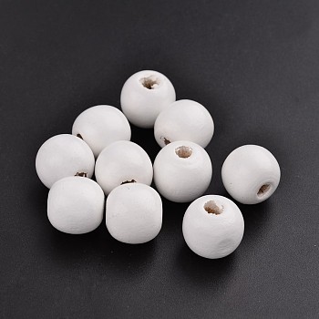 Dyed Natural Wood Beads, Round, Lead Free, White, 16x15mm, Hole: 3-7mm