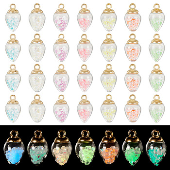 Elite 70Pcs 7 Colors Luminous Glass Teardrop Pendant, with Golden Plated Alloy Findings, Glow In The Dark Charms, Mixed Color, 25x14mm, Hole: 2mm, 10pcs/color