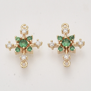 Brass Cubic Zirconia Links connectors, Real 18K Gold Plated, Snowflake, Nickel Free, Green, 13x10x2.5mm, Hole: 0.8mm
