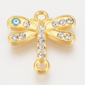 Alloy Rhinestone Links connectors, Cadmium Free & Lead Free, Dragonfly with Evil Eye, Sky Blue, Golden, 19x18x2mm, Hole: 1.5mm