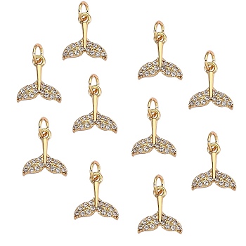 10Pcs Brass Micro Pave Cubic Zirconia Pendant, Long-Lasting Plated, Mermaid Tail Shape, Real 18K Gold Plated, 10x9x2mm, Hole: 2.6mm