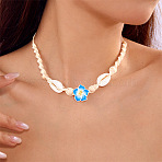 Adjustable Summer Beach Natural Cowrie Shell Wood Round Beads Polymer Clay Flower Twisted Braided Waxed Cord Choker Necklaces for women, Deep Sky Blue, 14.17~26.77 inch(36~68cm)(WG58561-04)