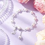 Shell Pearl & Glass Round Beaded Bracelets, Alloy Charms Bracelets for Women, Star & Moon, with Synthetic Moonstone & Hematite Beads, Moon, Inner Diameter: 2-1/4 inch(5.85cm), bead: 3.5~8.5x2.5~8mm, round: 31x8.5mm, moon: 17x11x1.5mm(BJEW-JB11857-02)