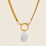 Fashion Irregular Natural Freshwater Pearl Rectangle Pendant Stainless Steel Falt Snake Chain Necklaces for Women, White, Golden, 17.72 inch(45cm)(FS5153)