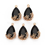 Transparent Glass Pendants, for DIY Jewelry Making, with Brass Findings, Faceted, Teardrop with Flower, Light Gold, Black, 16x9x6mm, Hole: 1.2mm(X-GLAA-T007-05K)