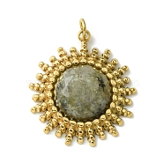 Ion Plating(IP) 304 Stainless Steel Pave Faceted Natural Labradorite Pendants, Sun Charms, Real 14K Gold Plated, 22x19.5x5mm(FIND-Z028-38C)