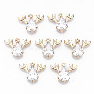 Brass Glass Rhinestone Pendants, Long-Lasting Plated, Cadmium Free & Lead Free, Christmas Reindeer/Stag, for Christmas, Light Gold, Crystal, 15x20x5mm, Hole: 1.5mm(GLAA-S179-24A-RS)