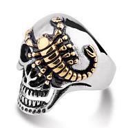 Two Tone 316L Surgical Stainless Steel Skull with Scorpion Finger Ring, Gothic Punk Jewelry for Men Women, Golden & Stainless Steel Color, US Size 8(18.1mm)(SKUL-PW0002-034B-GP)
