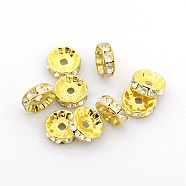 Brass Rhinestone Spacer Beads, Grade B, Clear, Golden Metal Color, Size: about 10mm in diameter, 4mm thick, hole: 2mm(X-RSB039-B01G)