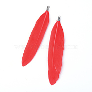 Goose Feather Pendants, Big Pendants, with Iron Findings, Platinum, Dyed, Red, 72~82x12~19mm, Hole: 1.5mm(X-FIND-Q055-P01)