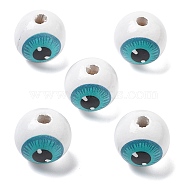 Printed Schima Wood European Beads, Round Eyeball, Dark Turquoise, 19~19.5x17.5~18mm, Hole: 4~4.5mm(WOOD-G023-01E)