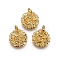 Brass Rough Surface Charms, with Jump Rings, Flat Round with Star and Moon, Golden, 12x1.5mm, Hole: 3mm(X-KK-I656-15G)