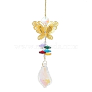 Hollow Alloy Hanging Ornaments, Colorful Glass Octagon Beads & Leaf Tassel for Home Garden Decorations, Butterfly, 320mm, pendant: 145x50mm(HJEW-Q012-07C)